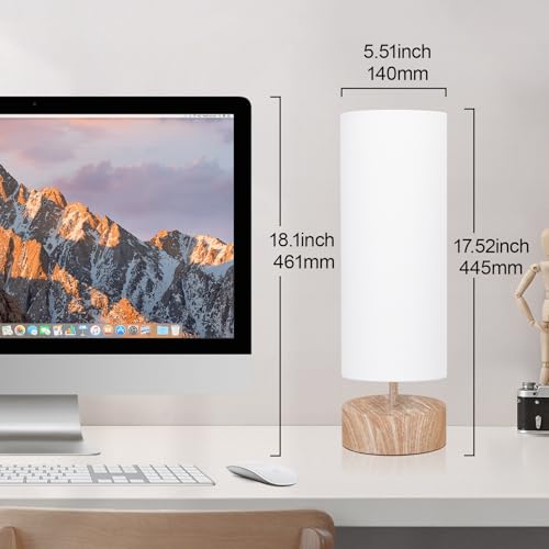 Touch Table Lamp with Wood Grain Metal Base, 3 Way Dimmable Bedside Lamp - color: White Shade with Wood Grain Base