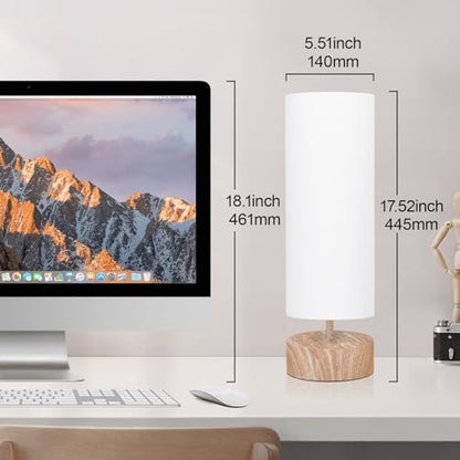 Touch Table Lamp with Wood Grain Metal Base, 3 Way Dimmable Bedside Lamp - color: White Shade with Wood Grain Base