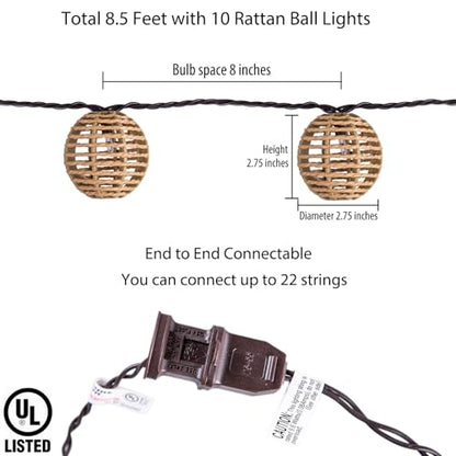 TWINKVILLA Decorative String Lights Plug in with 10 Incandescent Bulbs, Natural Rattan Globe Boho Lantern String Lights Connectable Weatherproof Outdoor Indoor for Bedroom Patio Pergola Decor