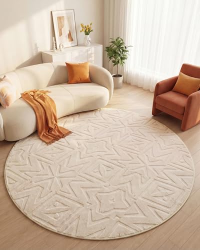 Carvapet 6.5ft Round Geometric Rug Beige Washable High Low Pile Carpet - color: Geometric Beige, size: 6.5' Round