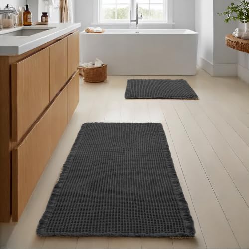 JIUZHEN Set of 2 Waffle Bathroom Rugs Non Slip Bath Mats 16"x24"+24"x48" - color: Black, size: 16"x24" + 24"x48"