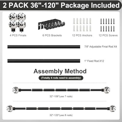 Ceramic Black Curtain Rods 2 Pack for Windows 16 to 120 Inches - color: Ceramic Black, size: 16"-120"|2 Pack