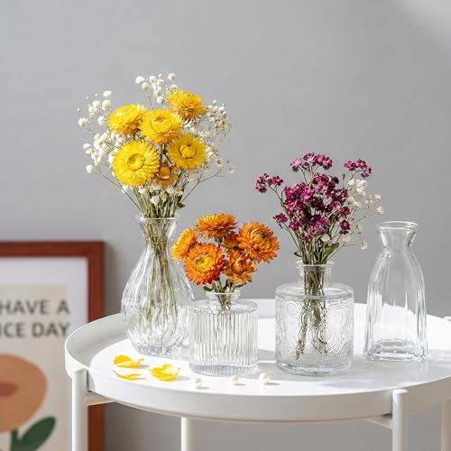 Glass Bud Vases, 4 Pcs Small Flower Vase for Party Table Mini Decorations