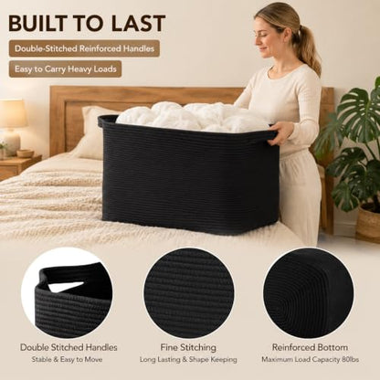OIASKET 95L Extra Large Blanket Basket, 24" x 16.9" x 14.2" Woven Basket - color: Black, size: 24"x16.9"x14.2"