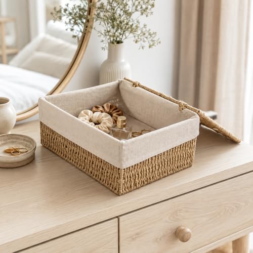 Storage Baskets with Lids Set of 3, Woven Bins with Liner - size: Small with Lids