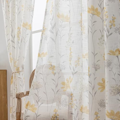 SUOUO Yellow Floral Semi-Sheer Curtains 96 Inches 2 Panels Rod Pocket - color: Yellow-grey, size: 52"W x 96"L (Pack of 2)