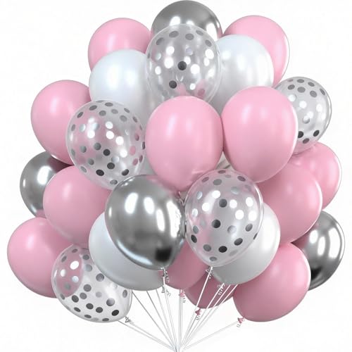 PartyWoo Pink White and Silver Balloons 66pcs 12 Inch Pink White Balloons - color: Pink, White, Metallic Silver