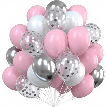 PartyWoo Pink White and Silver Balloons 66pcs 12 Inch Pink White Balloons - color: Pink, White, Metallic Silver