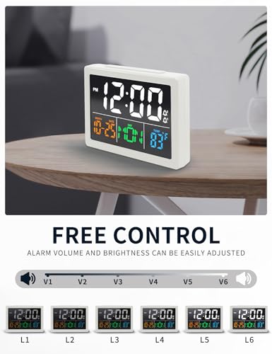 JALL Digital Clock with Date Day for Seniors, Electric Alarm Clocks for Bedrooms with Temperature, 2 Alarms, Dimmer, Dual USB Charger, Battery Backup, Volume Control, Snooze, Bedside Desk Clock, White - color: White