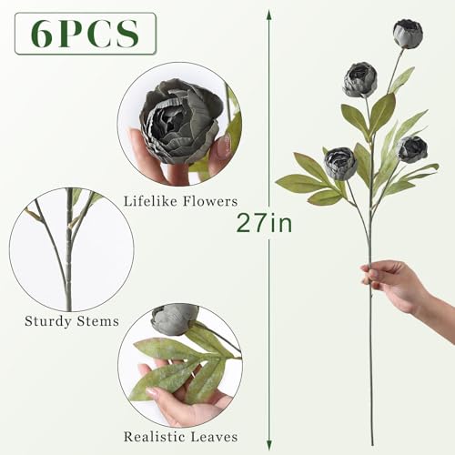 6 Pcs 27" Faux Silk Peony Artificial Flowers Stems for Vase (Dark Gray) - color: Dark Gray