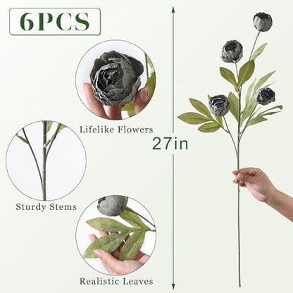 6 Pcs 27" Faux Silk Peony Artificial Flowers Stems for Vase (Dark Gray) - color: Dark Gray