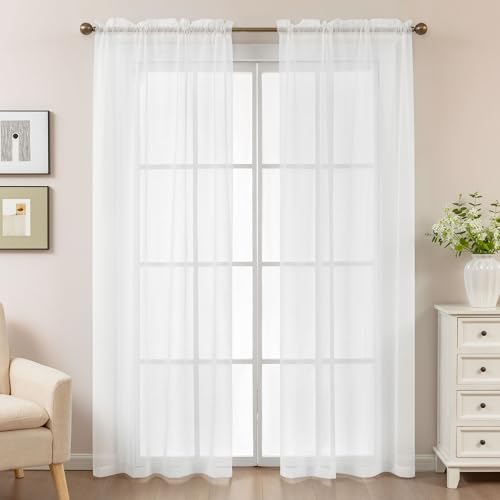 White Sheer Curtains 84 Inches Long Rod Pocket - color: White, size: 42"W x 84"L (Pack of 2)