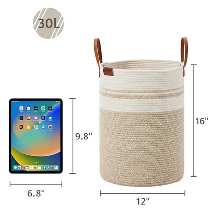 VIPOSCO 30L Small Woven Rope Laundry Hamper, Leather Handles, Brown & White - color: Brown & White, size: 30L