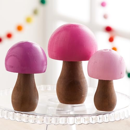 Your Heart's Content Wood Mushrooms Set of 3 (Pink Paint 3) - color: Pink 3