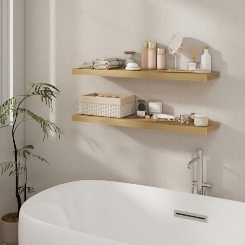 40 Inch Floating Shelves Set of 2, 8 Inch Deep Wall Shelf, Rustic Wood Storage Shelves for Bedroom, Kitchen, Bathroom, Wall-Mounted Shelf with Invisible Brackets for Books|Storage|Decor, Oak - color: Oak, size: 40"W x 8"D