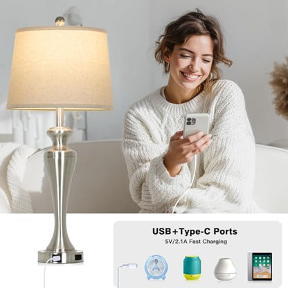 30" Silver Table Lamps Set of 2, 3-Way Dimmable Touch Living Room Lamp with USB A+C Ports and AC Outlet, Modern Brushed Nickel Bedroom Lamps, Tall Metal Bedside Lamp for Nightstand Side Table - color: Silver