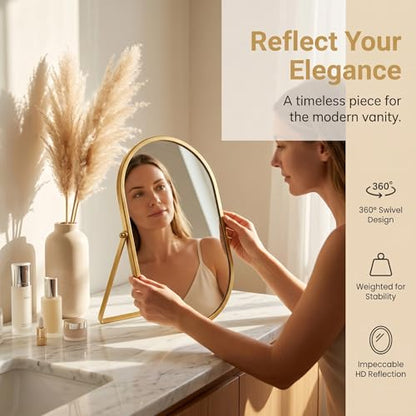 Gold Oval Vanity Mirror, 360° Rotation 180° Tilt Adjustable Desktop Makeup Mirror with Metal Frame, Decorative Standing Mirror for Bedroom, Bathroom, Living Room