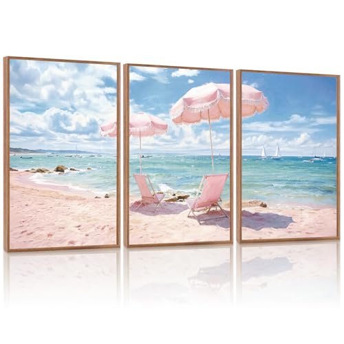 KAlRNE Pink Coastal Framed Art Prints Ocean Canvas Wall Art Set-24’’X36’’X3 - color: Pink Beach, size: 24"Lx36"W