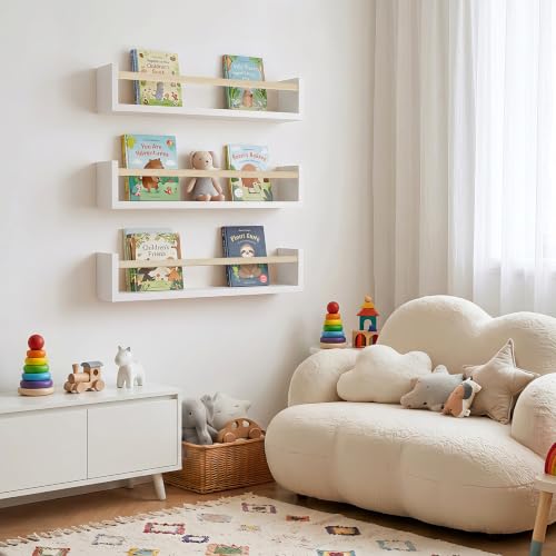 Fixwal Floating Nursery Book Shelves for Wall, 16.5 Inches, Set of 3 - color: White and Natural, size: 16.5inches