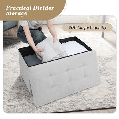 Athena Collection 30" Storage Ottoman Bench Folding Bench with 90L Hidden Storage, Large End of Bed Bench Linen Foot Rest Stool Chest with Flipping Lid for Living Room, Bedroom, Entryway, Light Gray - color: Light Gray, style: 30" Linen