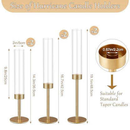 6Pcs Hurricane Glass Candle Holders Gold Candlestick Holders Taper Candle Holder with 9.8" Windproof Clear Cylinder Covers for Outdoor Indoor Tall Candle Stick Holder Decor for Wedding Party Fireplace