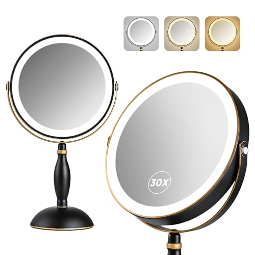30x Magnifying Mirror with Light, Matte Black with Gold Trim - color: Matte Black With Gold Trim