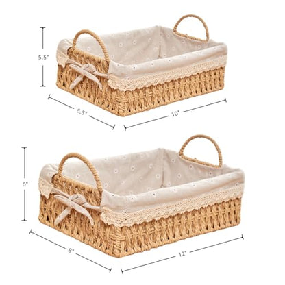 GIB Small Wicker Woven Storage Baskets for Organizing with Handle and Liner - color: Beige-Rectangluar
