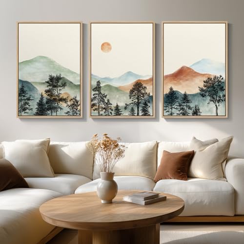 Framed Mountain Wall Art for Living Room, Boho Landscape Print, 24x36 Inch - color: Neutral Orange, size: 24" W x 36" H x 3Pcs