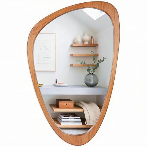 BOMINICA Asymmetrical Mirror 19x30 Inch Irregular Wooden Framed Wall Mirror - color: Wood, size: 30"L x 19"W