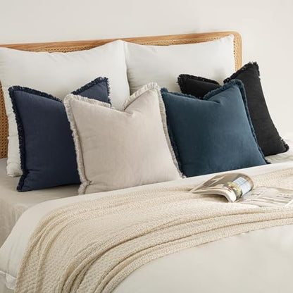 MIULEE Fall Linen Fringe Pillow Covers Set of 4 18x18 Beige/Coastal Blue - color: Coastal Blue, size: 18" x 18" (Pack of 4)