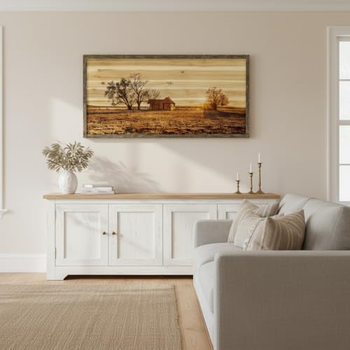 Farmhouse Wall Art Framed Picture: Large Country Farm Landscape Scene Wood Painting Decor Rustic Long Barn Old Cabin Print Horizontal Big Sunset Nature Countryside View Artwork for Living Room Bedroom - color: Farm 04, size: 48"L x 24"W