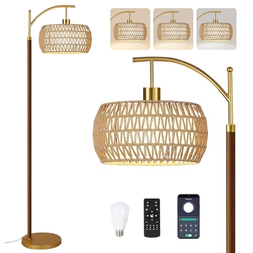 QIYIZM Boho Floor Lamp for Living Room,Bedroom,Rattan Standing Lamp with Remote Dimmable,Wood Vintage Mid Century Modern Gold Tall Lamp Wicker Lamp Shade Floor Lights Bohemian Tiffany Style - size: Floor Lamp--32