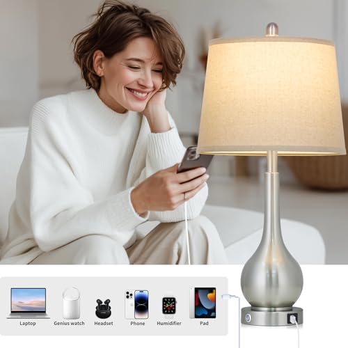 Rinweey 26" Silver Table Lamps Set of 2 for Living Room, Touch Control Bedside Lamp with USB Charging Ports, 3-Way Dimmable Brushed Nickel Bedroom Lamps for Nightstand (2 LED Bulbs Included) - color: Silver (2 Pack)