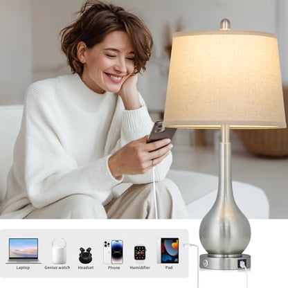 Rinweey 26" Silver Table Lamps Set of 2 for Living Room, Touch Control Bedside Lamp with USB Charging Ports, 3-Way Dimmable Brushed Nickel Bedroom Lamps for Nightstand (2 LED Bulbs Included) - color: Silver (2 Pack)