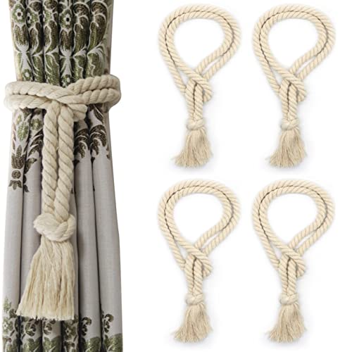4 Pack Curtain Tiebacks Rope, Outdoor Curtain Tiebacks, Natural Cotton Curtain Ties, Village Rural Rustic Curtain Holdbacks, Farmhouse Nautical Curtain Tie Backs Holders for Drapes, Beige - color: Beige Rope-l 4 Pack