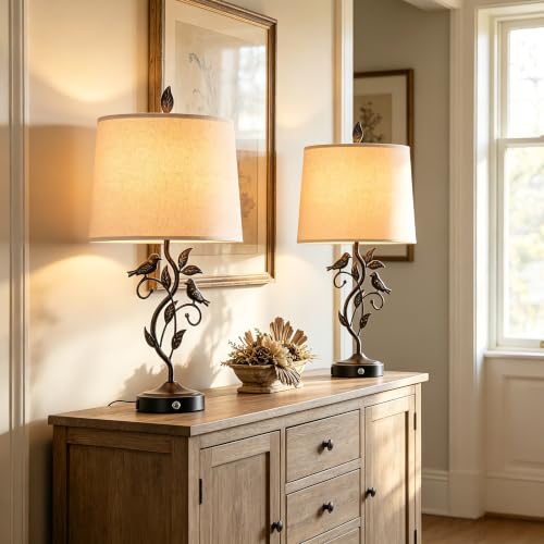 27" Touch Farmhouse Bird Table Lamps for Living Room with 2 USB C+A Ports - color: 1 Pack-‎Bronze