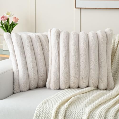 FUTEI Pack of 2 Faux Rabbit Fur Throw Pillow Covers 22x22 Inch, Beige - color: Beige, size: 22" x 22" (Pack of 2)