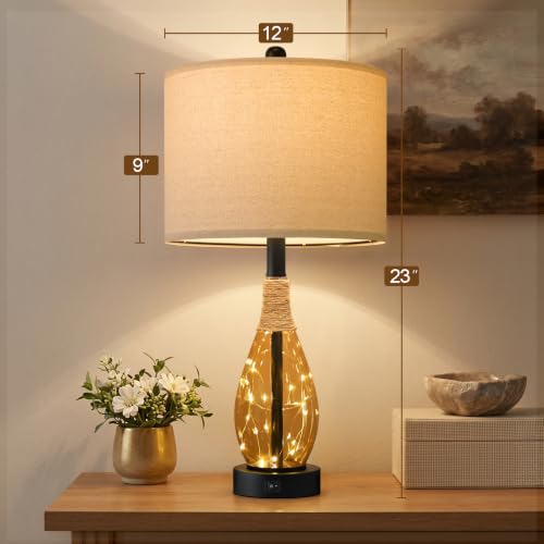 OYEARS 23" Table Lamps for Living Room Set of 2 Bedside Lamps for Night Stands Bedroom Lamps Farmhouse Rattan Boho Lamp Glass Nightlight End Table Lamp,Two Light Points - color: Tea Brown