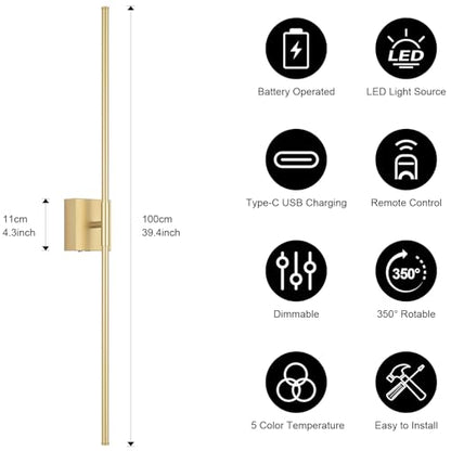 Battery Operated Wall Sconce Set of Two with Remote Control, 3000K-6000K Dimmable Gold Wall Lights, Timable LED Wireless Wall Sconces, 350° Ratate for Bathroom, Living Room, Hallway 39.4 Inch - color: Gold, size: 39.4in(2 Pack)