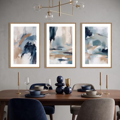KAIRNE Navy Blue Abstract Brush Stroke Framed Canvas Wall Art Set-16"x24"x3 - color: Blue Shapes Wall Art, size: 16"L x 24"W