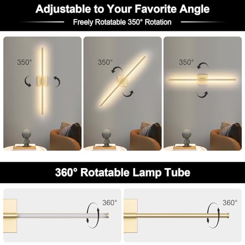Battery Operated Wall Sconce Set of Two with Remote Control, 3000K-6000K Dimmable Gold Wall Lights, Timable LED Wireless Wall Sconces, 350° Ratate for Bathroom, Living Room, Hallway 29.1 Inch - color: Gold, size: 29.1in(2 Pack)