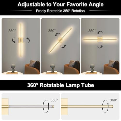Battery Operated Wall Sconce Set of Two with Remote Control, 3000K-6000K Dimmable Gold Wall Lights, Timable LED Wireless Wall Sconces, 350° Ratate for Bathroom, Living Room, Hallway 29.1 Inch - color: Gold, size: 29.1in(2 Pack)