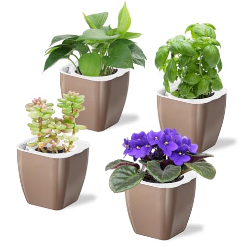 Oliz 4 Pack Self Watering Pots 4-inch Decorative Flower Planters for Indoor Plants Modern Square planters for Small Plants Window Sill Planters for Succulents, African Violets, Herbs(Sliver Gold) - color: Sliver Gold-4 Pack