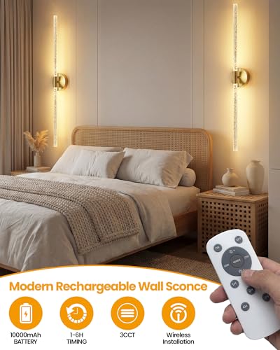 NIORSUN Crystal-Inspired Bubble Battery Operated Wall Sconce Set of 2, 10000mAh 3 Color Temps Rechargeable Wall Lights with Remote, Dimmable Wireless Wall Lamp for Living Room Bedroom - color: Gold, size: 34 Inch