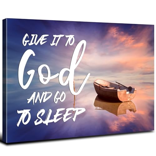 Beach Christian Wall Art Canvas Give It to God and Go to Sleep Religious Sign Poster Bedroom Wall Decor Bible Verse Scripture Artwork Sunset Boat Picture Living Room Above Bed Home Decorations 12x16'' - color: God, size: 16"L x 12"W