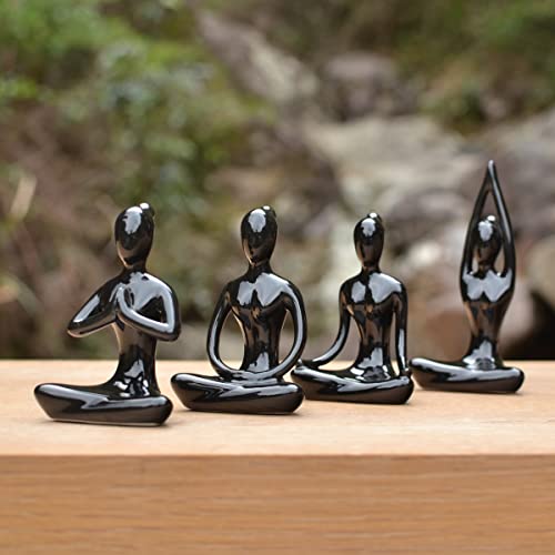 OwMell Lot of 4 Meditation Yoga Pose Statue Figurine Ceramic Yoga Figures - color: Black