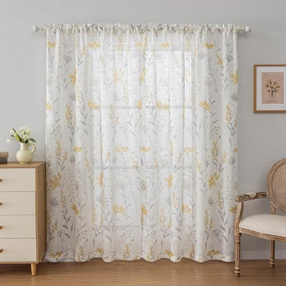 SUOUO Yellow Floral Semi-Sheer Curtains 84 Inches 2 Panels Rod Pocket - color: Yellow-grey, size: 52"W x 84"L (Pack of 2)