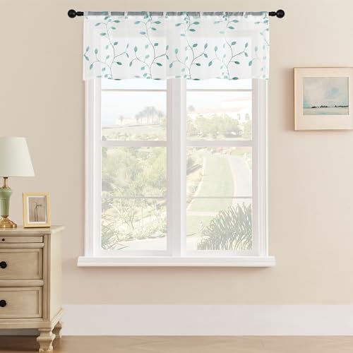 MRTREES Sheer Christmas Curtain Valance, 2 Panels Leaves Embroidered Small Valances Curtains 54x16 Inches, Rod Pocket Short Window Treatment Toppers for Living Room Bedroom Kitchen(Aqua Blue Leaves) - color: Leaves-aqua Blue