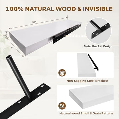 Solid Wood Floating Shelves, 36 Inch Wall Shelves, Set of 2, White - color: White, size: 36x8x1.6