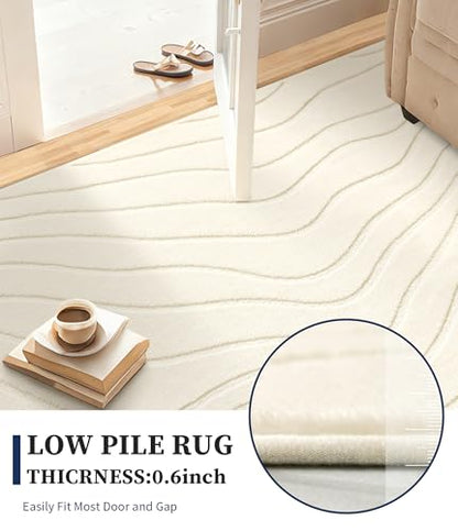 YIHOUSE 6x9 Abstract Wave Striped Area Rug, Modern Washable High-Low Pile Rug, Soft Textured Carpet for Living Room, Bedroom,Dining Room, Beige Ivory White - size: 6' x 9'